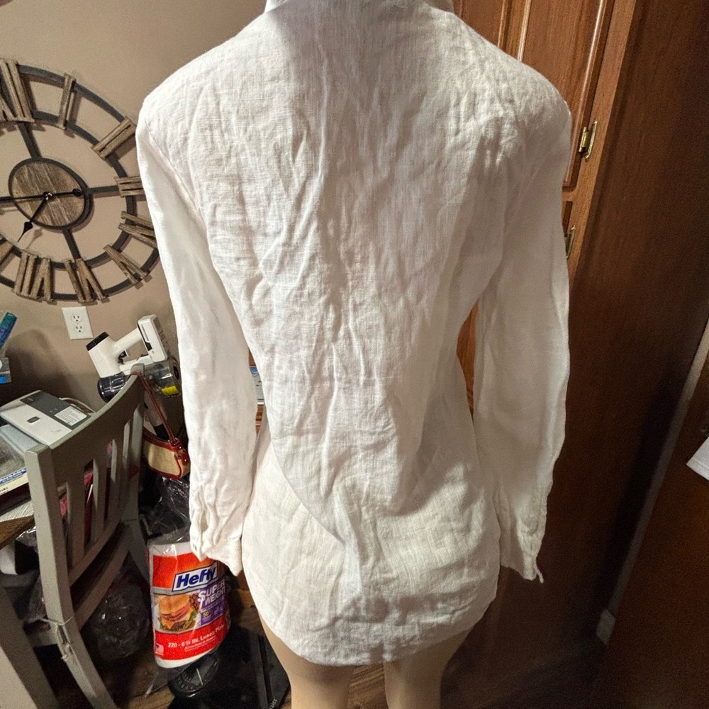 Zara 1/4 button down all linen crispy white small  Beachy nautical cowgirl shirt - Picture 3 of 7